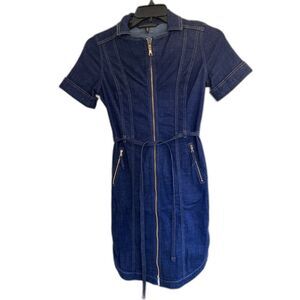White House Black Market WHBM Zip Front Denim Sheath Dress Belted Size 2